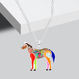 Flower Patterned Horse Pendant Necklace