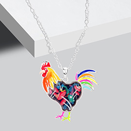 Flower Patterned Rooster Pendant Necklace