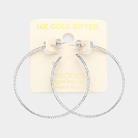 14K White Gold Dipped 1.8 Inch Textured Metal Hoop Earrings