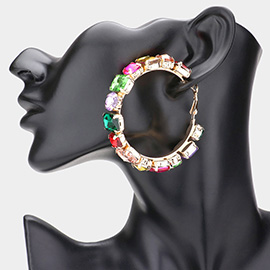 Round Emerald Cut Stone Cluster Hoop Evening Earrings