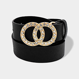 Rhinestone Double Open Circle Link Accented Faux Leather Belt