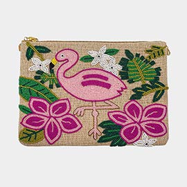 Flamingo Flower Leaf Sequin Beaded Clutch / Crossbody Bag