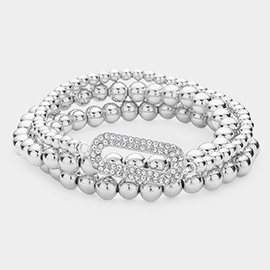 3PCS - Rhinestone Embellished Open Oval Accented Metal Ball Stretch Bracelets