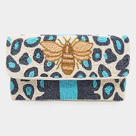 Honey Bee Accented Leopard Patterned Seed Beaded Clutch / Crossbody Bag