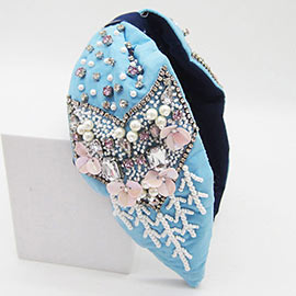Floral Pearl Sequin Beaded Knot Burnout Headband