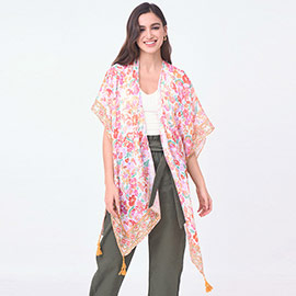 Flower Printed Cover Up Kimono Poncho