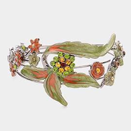 Stone Embellished Flower Leaf Cuff Bracelet