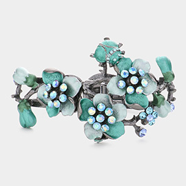 Stone Embellished Colored Metal Leaf Hinged Bracelet