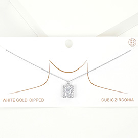 White Gold Dipped CZ Rectangle Pendant Necklace