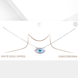 White Gold Dipped CZ Mother of Pearl Evil Eye Pendant Necklace