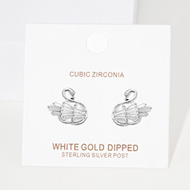 White Gold Dipped CZ Swan Stud Earrings