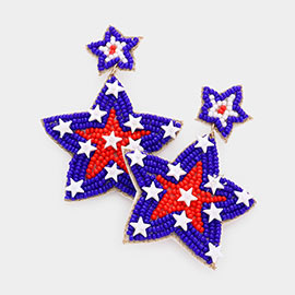 Felt Back American USA Flag Seed Beaded Double Star Link Dangle Earrings