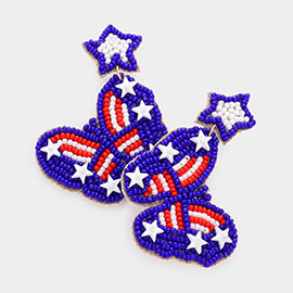 Felt Back American USA Flag Seed Beaded Star Butterfly Link Dangle Earrings