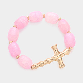 Metal Bamboo Cross Accented Natural Stone Stretch Bracelet