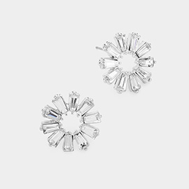 Floral Tapered Baguette Stone Cluster Stud Earrings