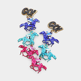Go! Message Glittered Triple Derby Horse Link Dangle Earrings