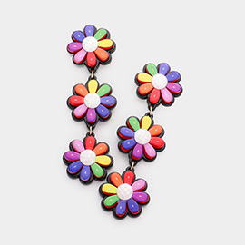 Colorful Rainbow Triple Resin Flower Link Dangle Earrings