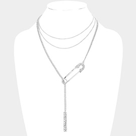 Rhinestone Embellished Safety Pin Accented Bar Pendant Triple Layered Y Necklace