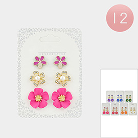 12 Set of 3 - Pearl Rhinestone Embellished Flower Stud Earrings