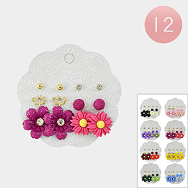 12 Set of 6 - Metal Ball Round Stone Butterfly Flower Stud Earrings