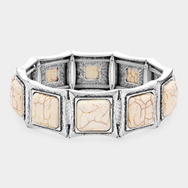 Square Natural Stone Accented Burnished Metal Stretch Bracelet