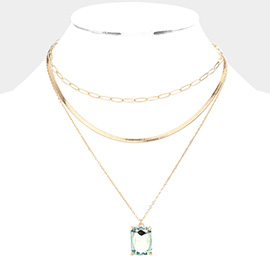 Emerald Cut Stone Pendant Triple Layered Necklace