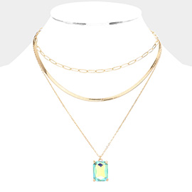 Emerald Cut Stone Pendant Triple Layered Necklace