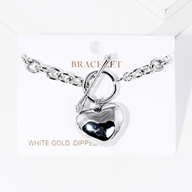 White Gold Dipped Metal Heart Charm Toggle Bracelet