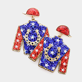 American USA Flag Glittered Derby Riding Suit Dangle Earrings