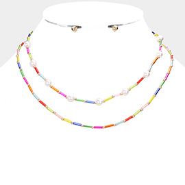 Pearl Station Tube Beaded Double Layered Necklace