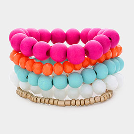 5PCS - Wood Ball Faceted Beaded Stretch Bracelets