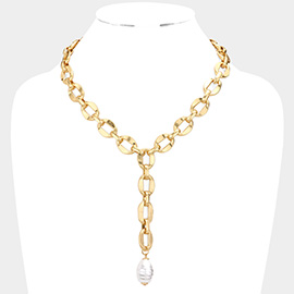Pearl Pendant Open Metal Link Y Necklace