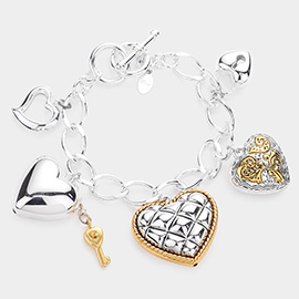 Metal Heart Key Lock Charm Toggle Bracelet