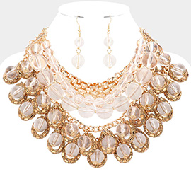 Metal Open Teardrop Lucite Ball Accented Multi Layered Statement Necklace