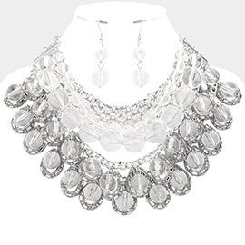 Metal Open Teardrop Lucite Ball Accented Multi Layered Statement Necklace