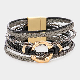 Open Metal Circle Accented Braided Faux Leather Magnetic Bracelet