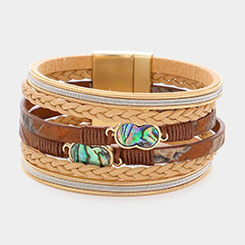 Abalone Accented Braided Faux Leather Magnetic Bracelet