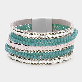 Braided Faux Leather Faceted Beaded Magnetic Bracelet