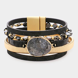 Natural Stone Accented Faux Leather Beaded Magnetic Bracelet