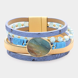Natural Stone Accented Faux Leather Beaded Magnetic Bracelet