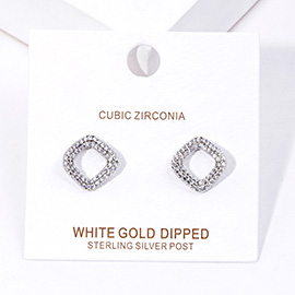 White Gold Dipped CZ Open Square Stud Earrings