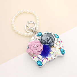Floral Pearl Pom Pom Multi Bead Embellished Cat Compact Mirror / Keychain with Pearl Chain
