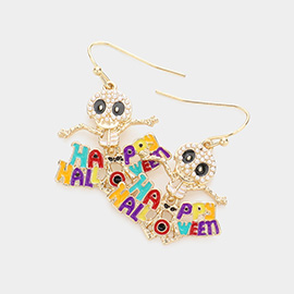 Enamel Metal Happy Halloween Message Pearl Embellished Skull Dangle Earrings