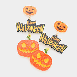 Happy Halloween Message Glittered Resin Pumpkin Link Dangle Earrings