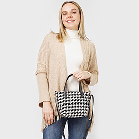 Houndstooth Patterned Tote / Crossbody Bag