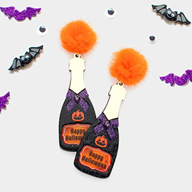 Happy Halloween Message Pom Pom Glittered Pumpkin Champagne Dangle Earrings
