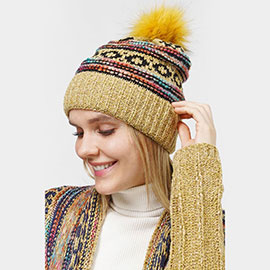 Ethnic Patterned Knit Pom Pom Beanie Hat