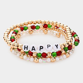 4PCS - Happy Message Pearl Metal Ball Faceted Beaded Stretch Bracelets