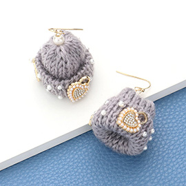 Pearl Key Heart Lock Embellished Knit Beanie Hat Dangle Earrings