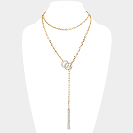Stone Embellished Double Open Circle Link Dropped Bar Double Layered Toggle Necklace